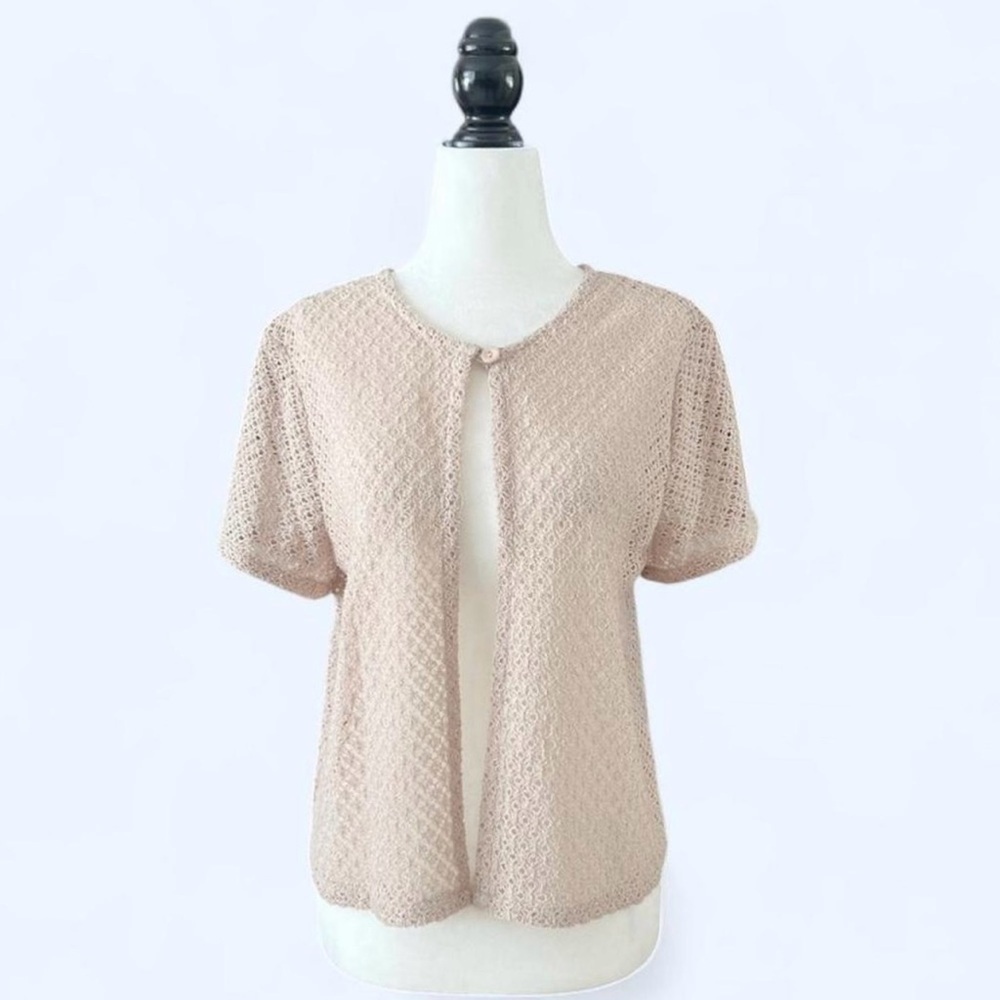 Vintage Women’s Tan Knit Cottagecore Whimsy Twee Short Sleeve Cardigan Small - Picture 2 of 5
